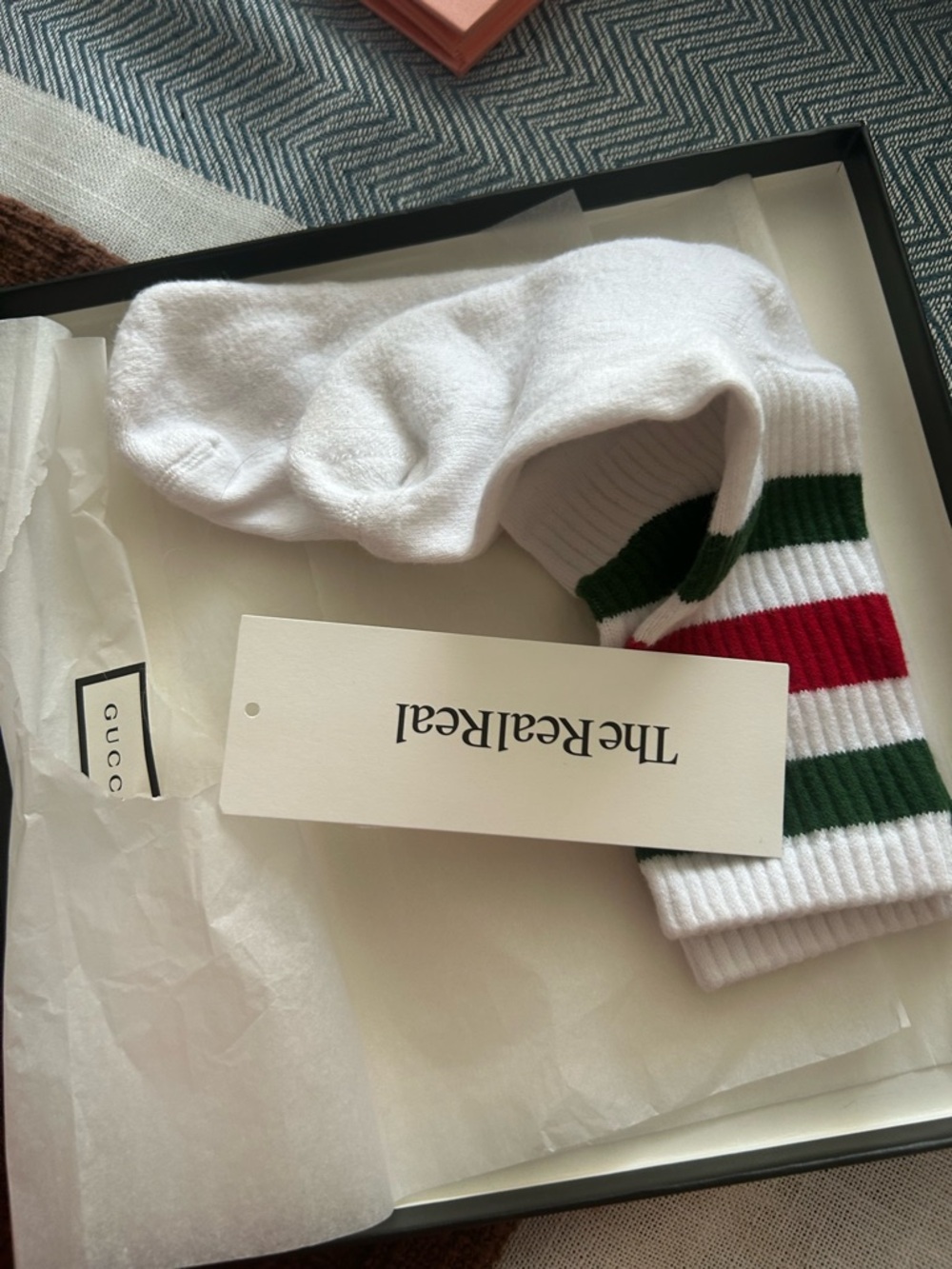 Gucci White Crew Socks with Green and Red Stripe Accents